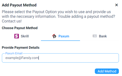 Добавление Paxum в качестве способа вывода средств в аккаунте Fansly