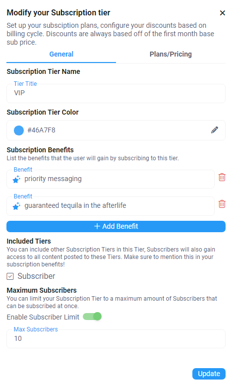 Пример настроек уровня подписки на Fansly