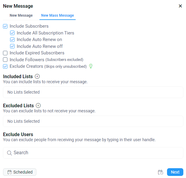 Интерфейс массовых сообщений на Fansly