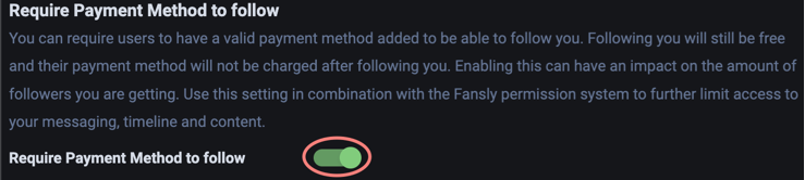 Настройка параметров Follow и Require Payment Method to follow в панели креатора Fansly