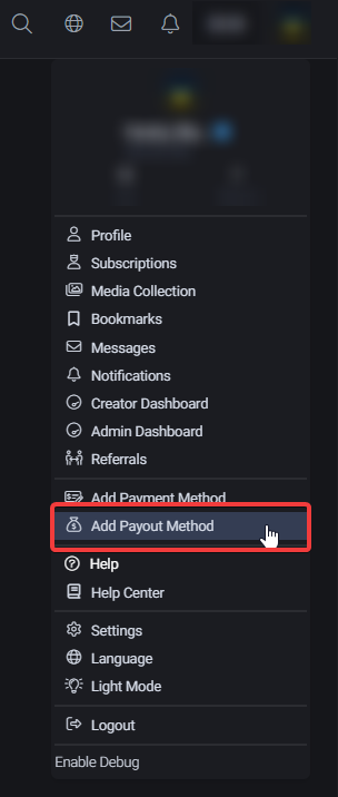 Страница добавления способа вывода средств на Fansly