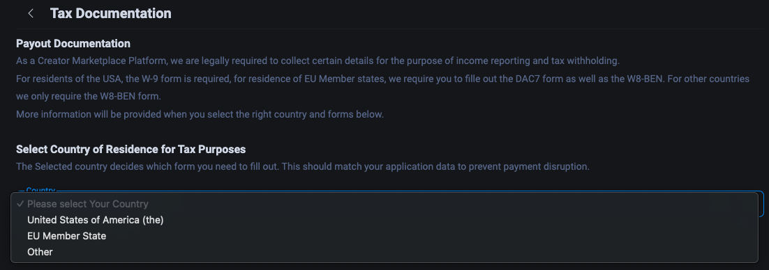 Выбор страны United States of America (the) в разделе налоговых документов