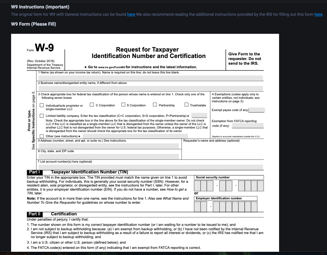 Пример заполнения полей формы W-9 на Fansly