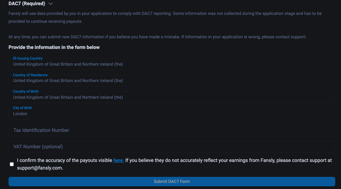 Пример заполненной формы DAC7 на Fansly