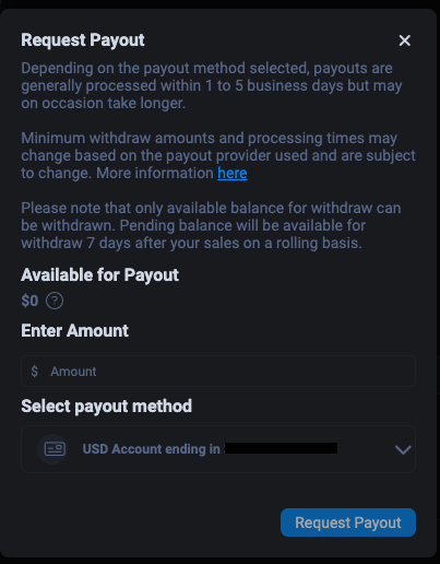 Окно запроса выплаты с выбором суммы и метода вывода