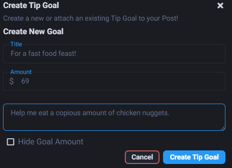 Окно настроек цели для чаевых на Fansly