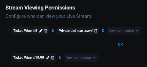 Пример разных цен на трансляцию для приватного списка и остальных пользователей
