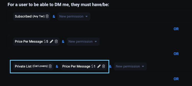 Настройка стоимости личных сообщений с использованием приватного списка