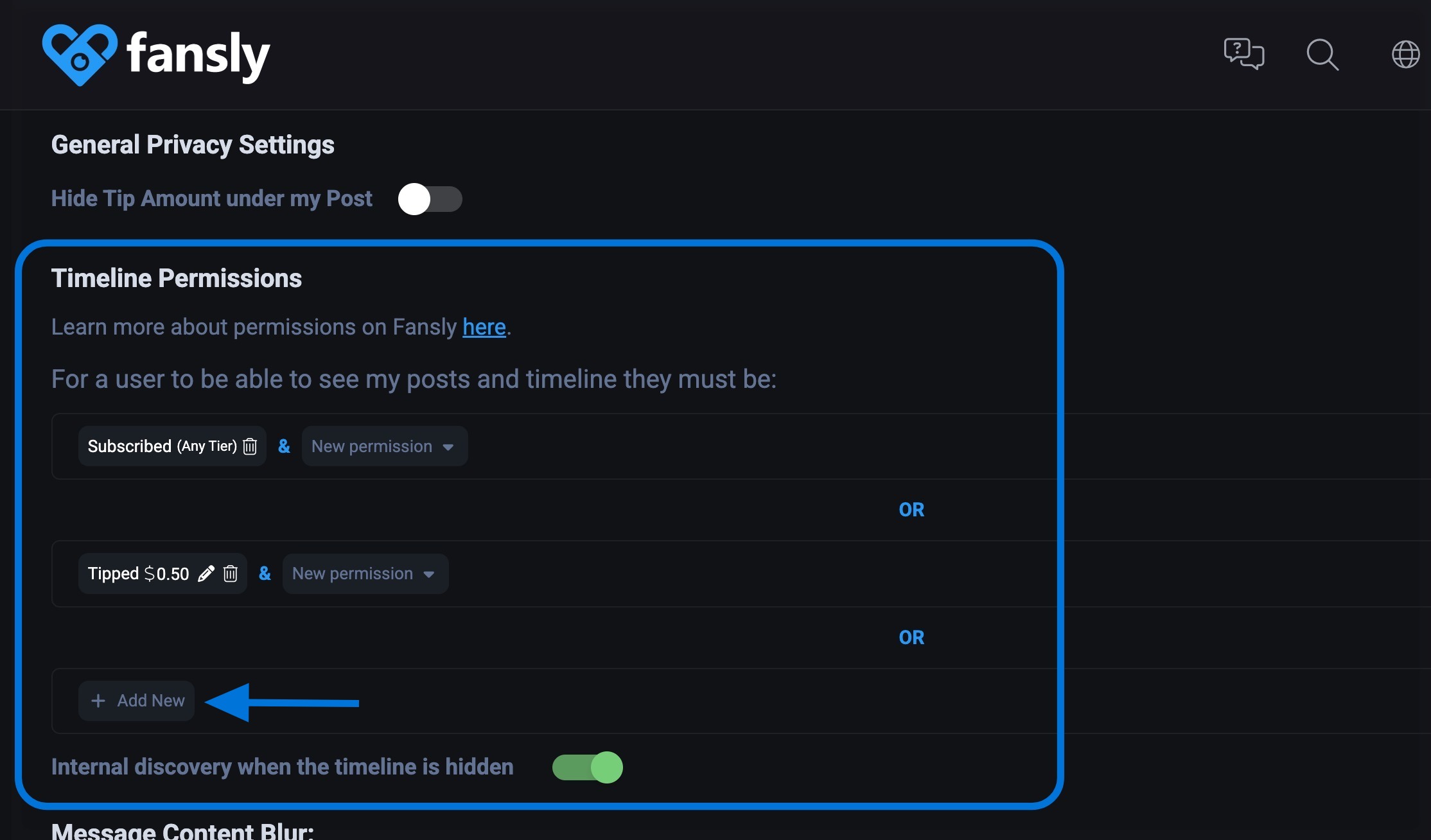 Настройки конфиденциальности и прав доступа к ленте на Fansly