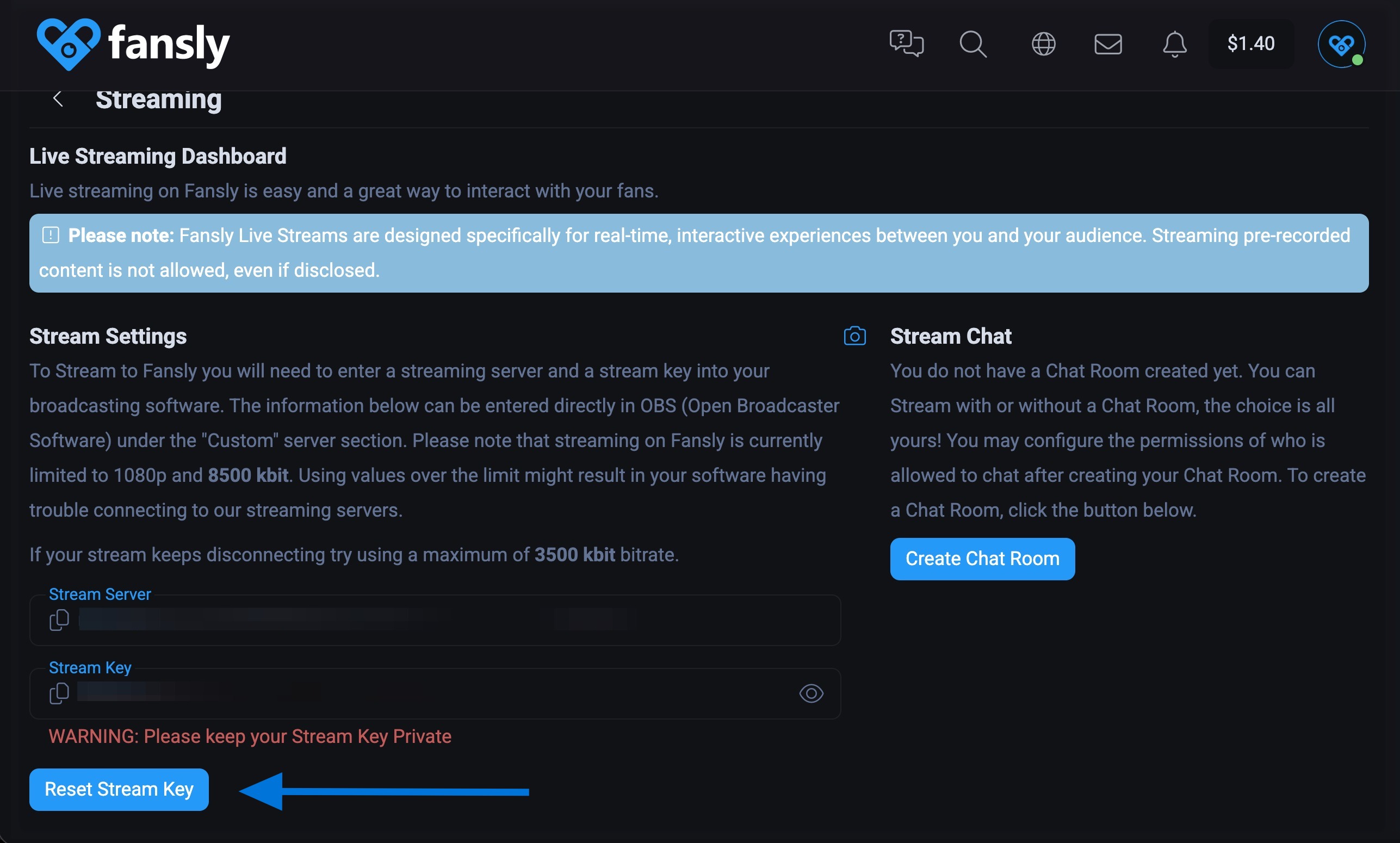 Сброс ключа потока в панели креатора Fansly