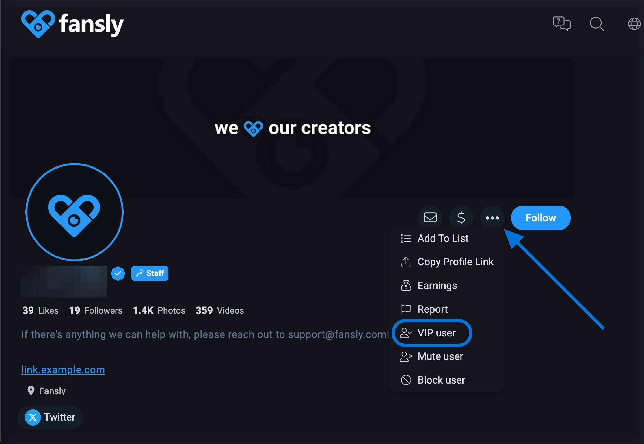Назначение пользователю статуса VIP на Fansly