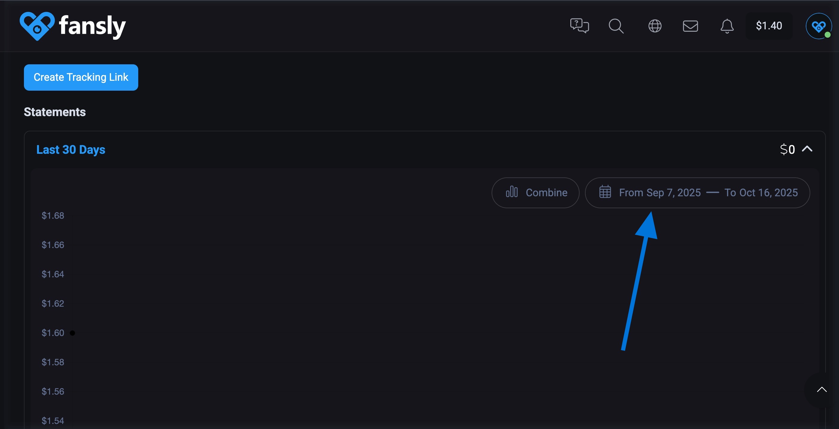 Страница статистики заработка в аккаунте креатора на Fansly