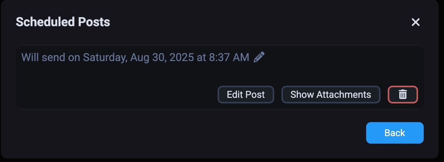 Окно управления запланированными публикациями