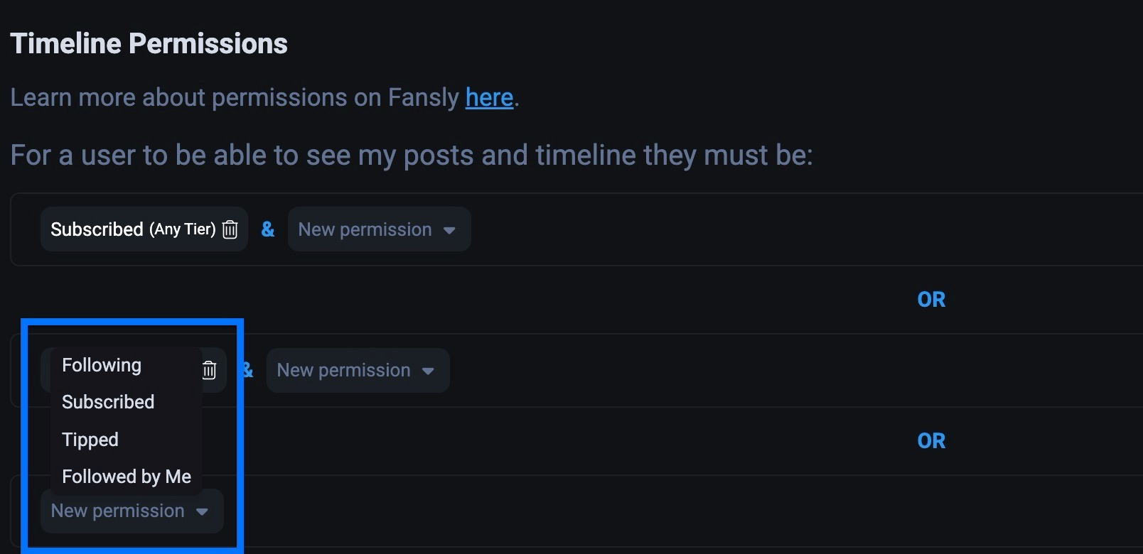 Настройки разрешений ленты Fansly