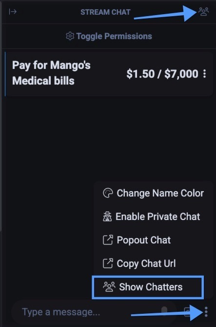 Открытие списка зрителей в чате во время трансляции на Fansly