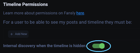 Переключатель Internal discovery when the timeline is hidden в настройках аккаунта Fansly