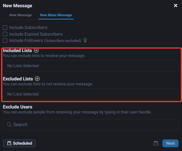 Настройки использования списков в массовых личных сообщениях на Fansly